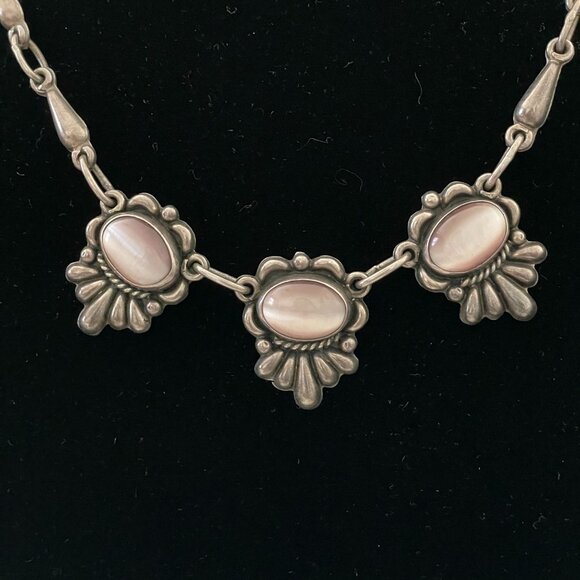 Vintage Mexico GC80 Sterling Silver Pink Mother of Pearl Stations Necklace 19" - Picture 4 of 10